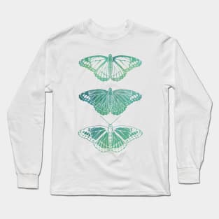 Butterfly Design in Blue and Green Paint Strokes Combo Pattern Long Sleeve T-Shirt